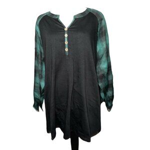 BloomChic V Neck Plaid Sleeve Half Button Long Sleeve TShirt Sz 26 (4XL) Womens